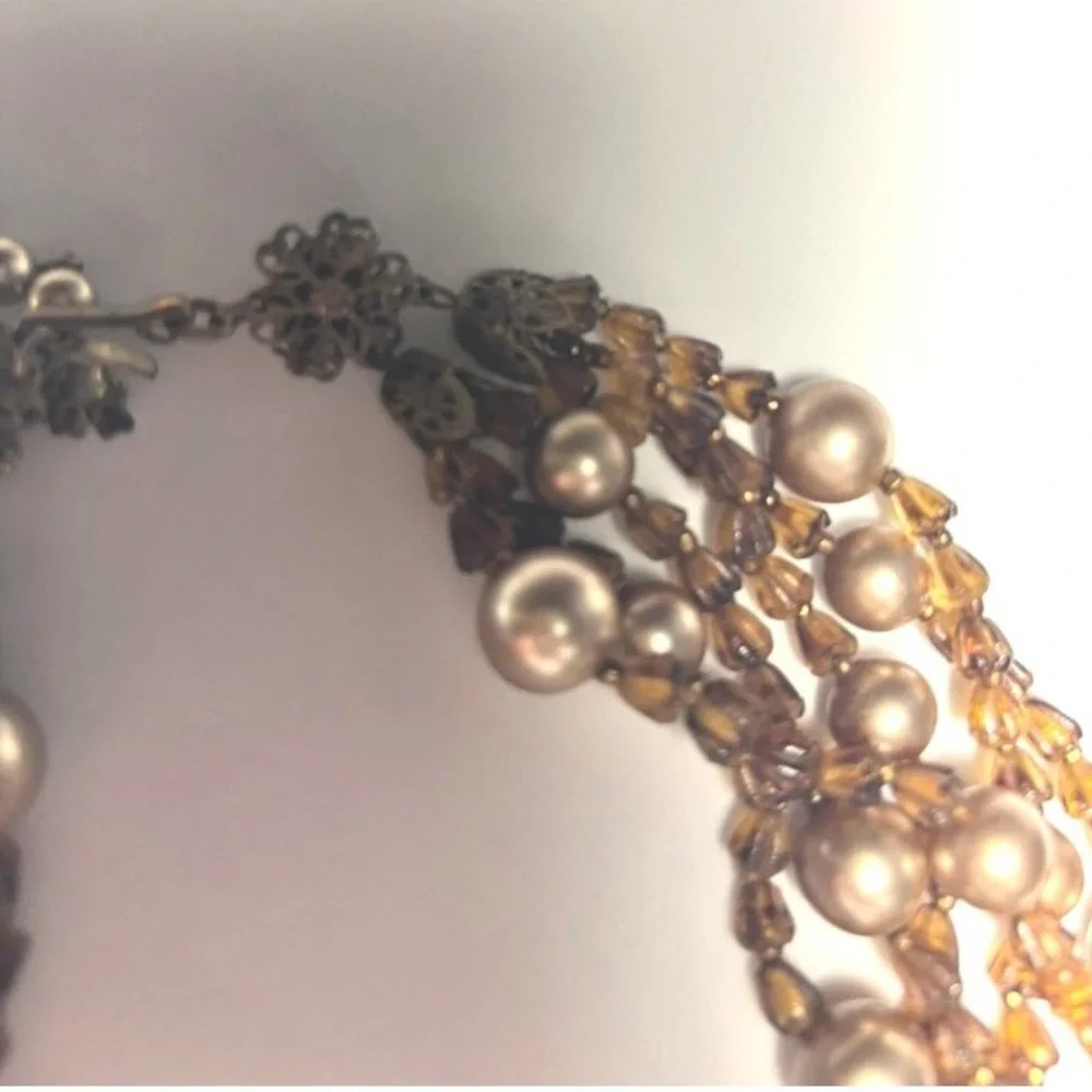 Vintage Miriam Haskell 5-Strand Necklace Amber Glass Pearl Signed Designer 50s
